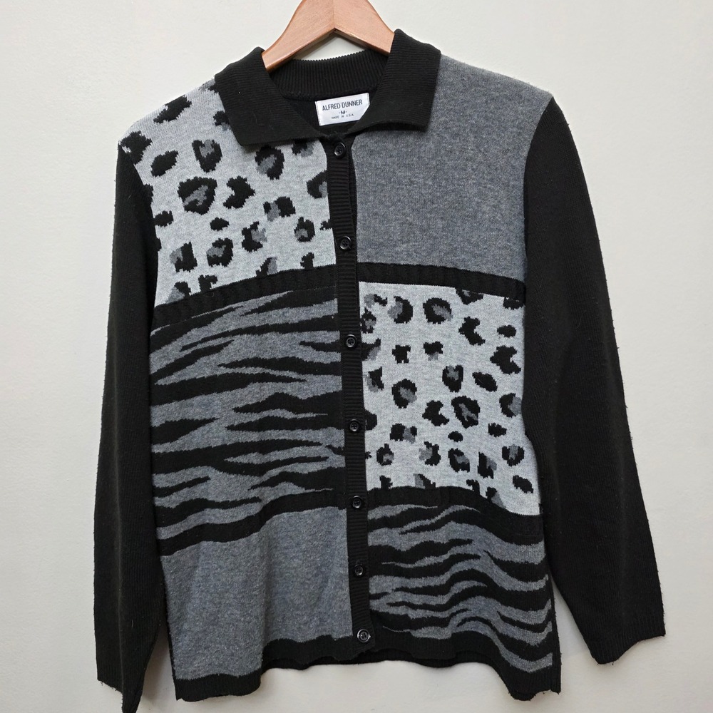 Alfred Dunner Womens Cardigan Sweater M Black Gray Animal Print Button Up
